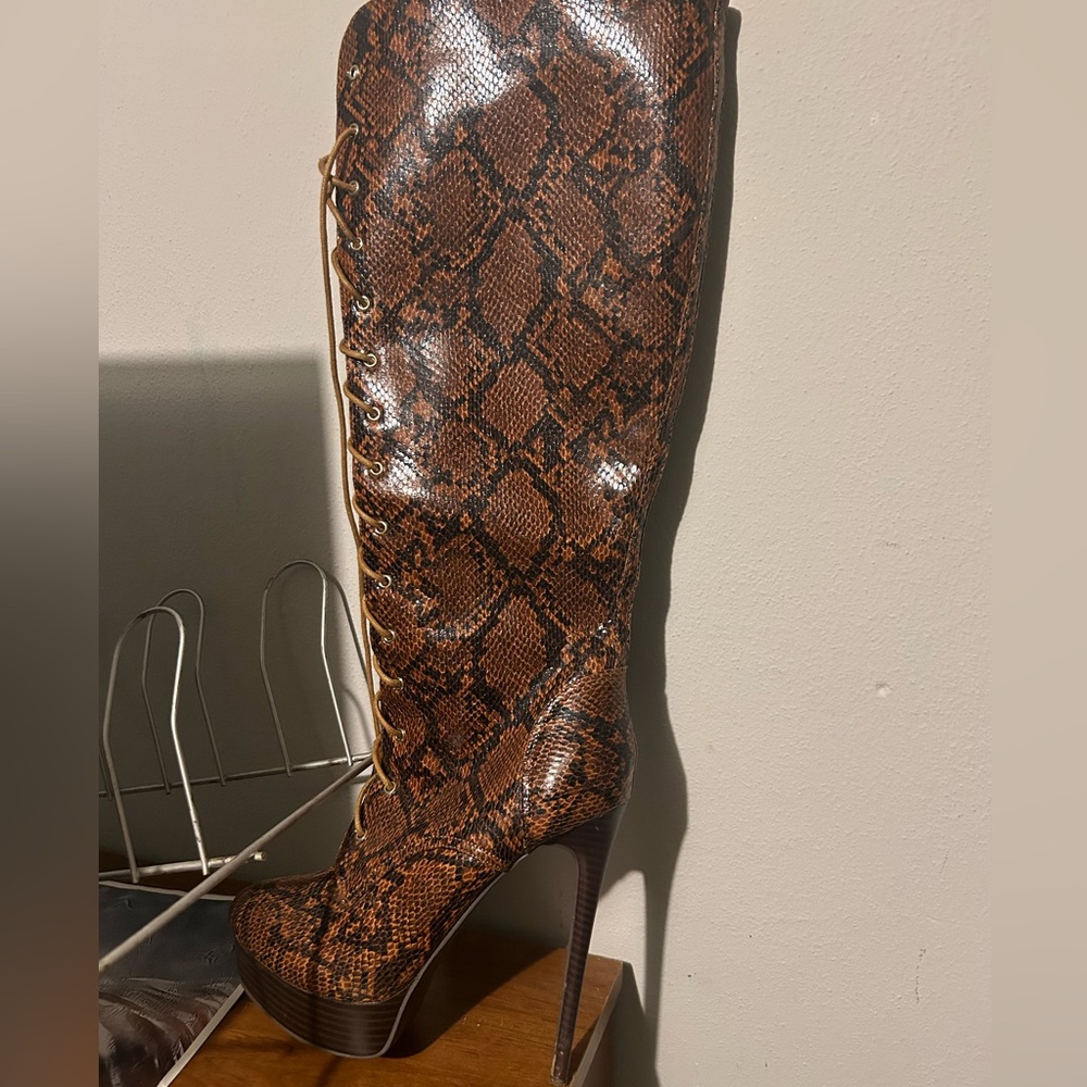 Lace up thigh high snake skin bootie heels